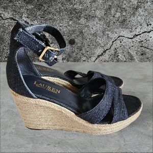 Lauren Ralph Lauren Halda Wedge Platform Sandals Navy Denim Women's 7B